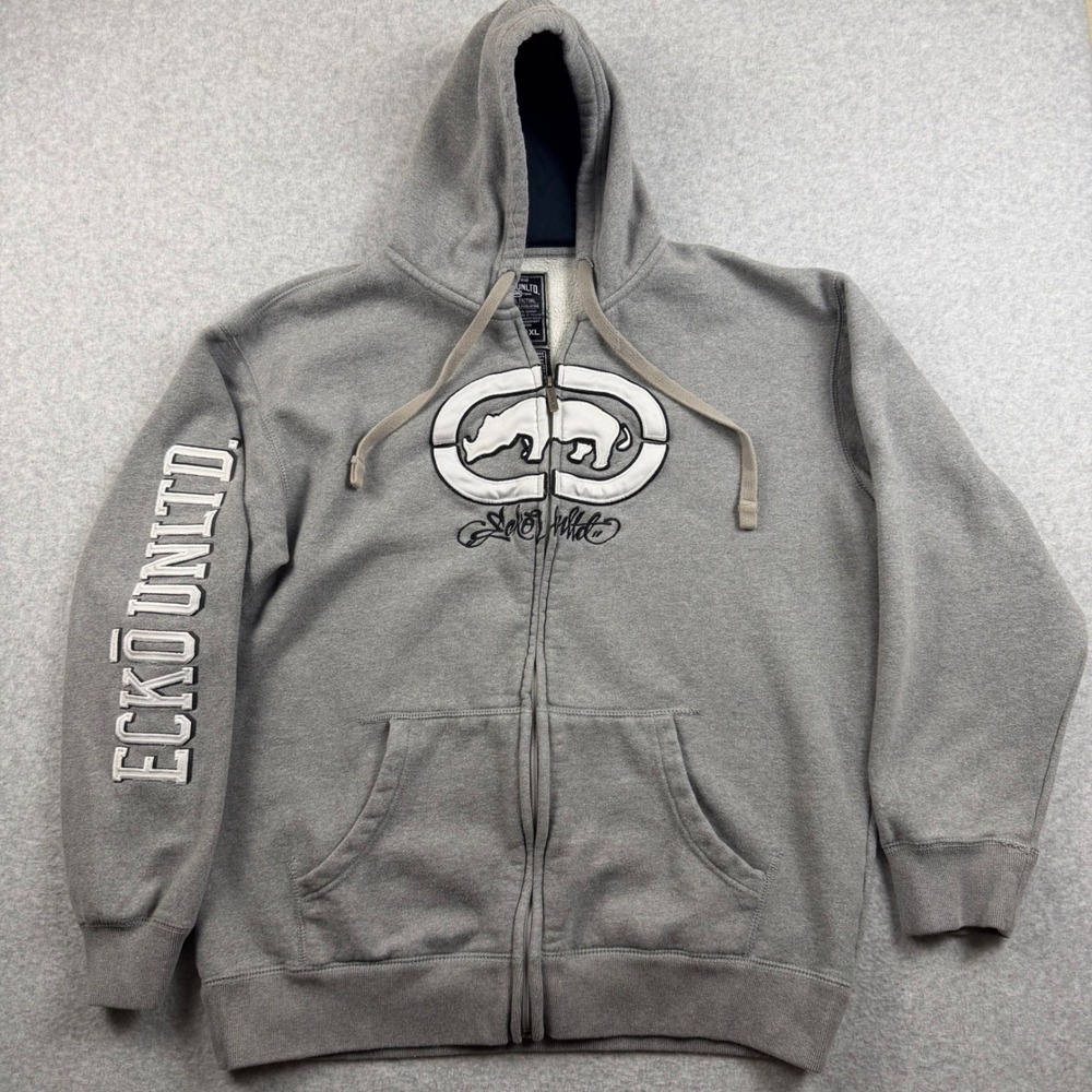 Vintage Y2K Ecko Unltd Full Zip Hoodie Mens XL Gray Logo Embroidered Sleeve
